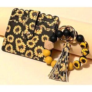 Sunflower Print Card Holder & Tassel Keychain Bracelet‎